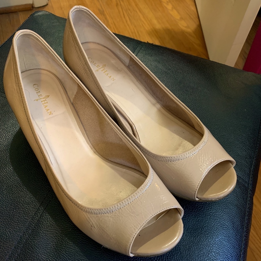 Tan peep-toe wedge heels